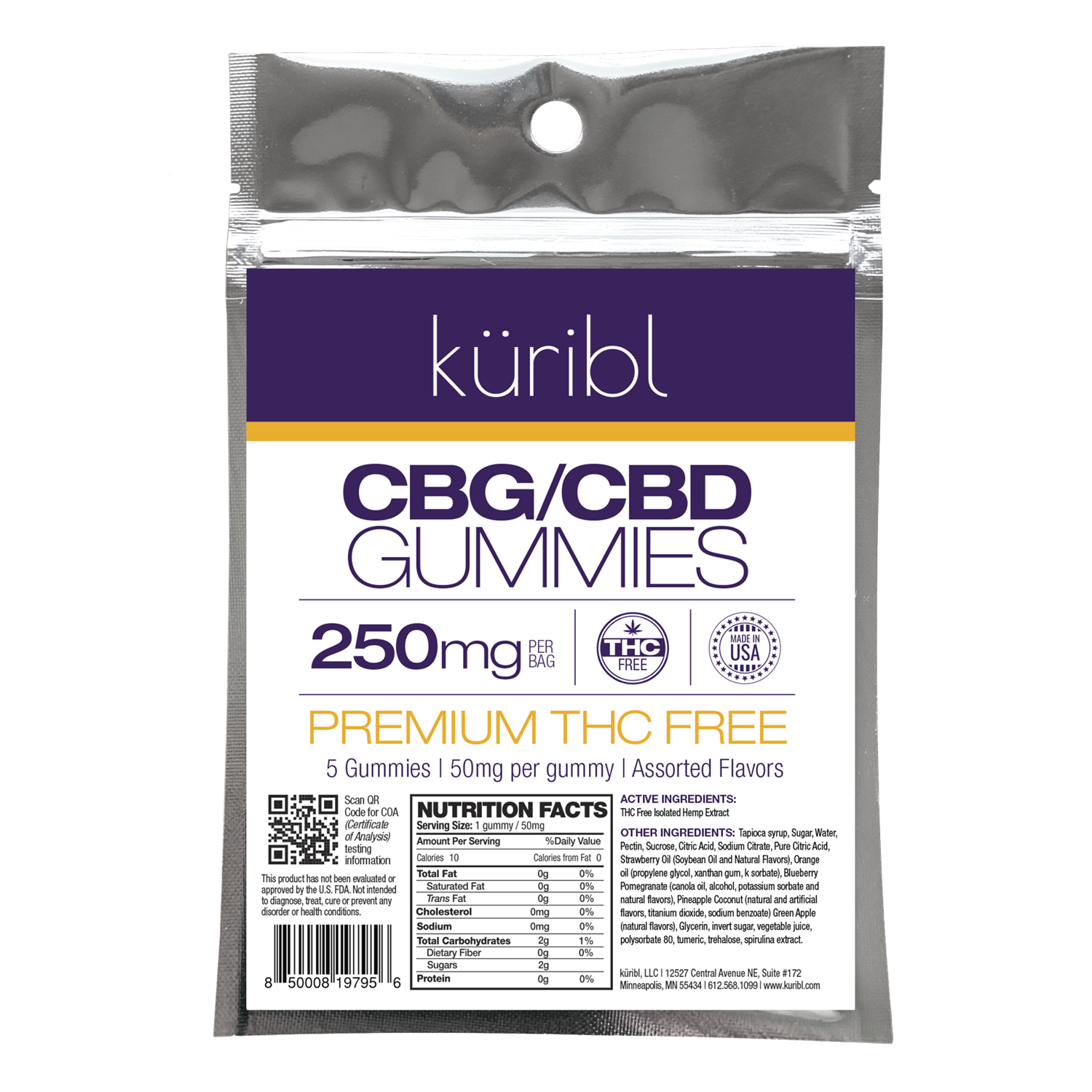küribl LLC. Gummies CBG/CBD 250mg THC FREE (50mg/5 count)